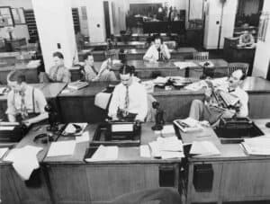 New York Times Newspaper. Old picture. Reporters in the office-